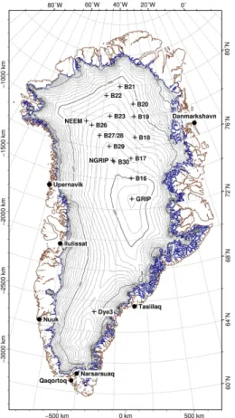 Figure 1. Map of Greenland with NGT ice cores (B16–B23, B26–B30 crosses), deep drilling sites (crosses) and towns (black dots)
