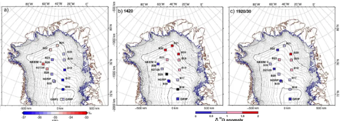 Figure 3. Spatial distribution of δ 18 O values in northern Greenland. (a) The mean δ 18 O values of the northern Greenland ice cores in their common time window (1505–1953 AD) is given with color coded squares
