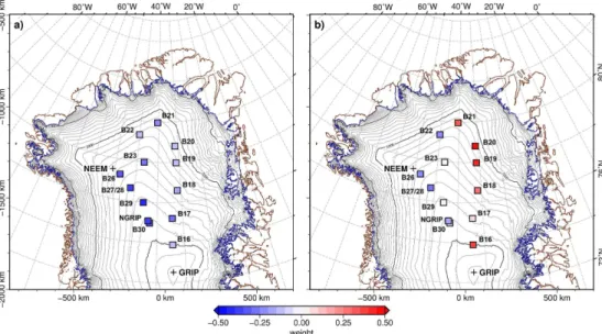 Figure 5. Map of loading for the first (a) and second (b) principal component on the annual northern Greenland δ 18 O values between 1505 and 1953 AD.