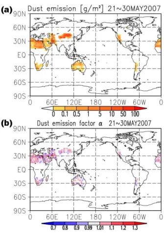 Fig. 2. (a) Simulated dust emission intensity in MASINGAR without assimilation from 21 to 30 May 2007; all 10 size bins are accumulated