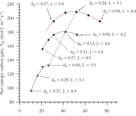 Fig. 4. Relationship between net canopy carbon gain (as defined by Eq. 2) and canopy pho- pho-tosynthetic capacity according to the model presented in Appendix A