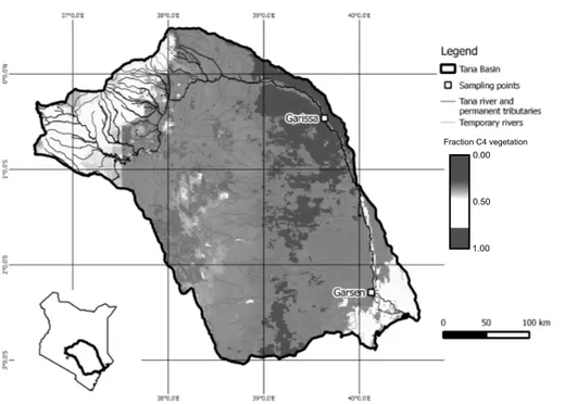 Figure 1. The Tana River with the indication of the two sampling locations in the lower catch- catch-ment