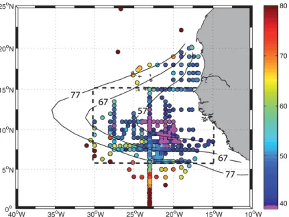 Fig. 1. Oxygen concentrations (coloured dots) in the core of the deep oxygen minimum, which is situated at depths between 350 and 500 m