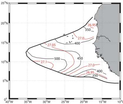 Fig. 2. Vertical position of the deep oxygen minimum core in depth coordinates (black isolines, meters) and in potential density coordinates (red isolines, kg m −3 )