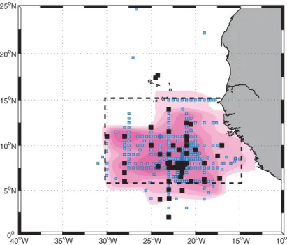 Fig. 3. Minimum covered area of tracer patch after 30 months (magenta filled contour) as well as locations of microstructure measurements (black squares) and stations with shear data from 75 kHz vessel mounted ADCP (blue squares) during cruises in 2008 to 