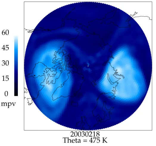 Fig. 4. The splitting of the vortex on 18 February 2003. Modified potential vorticity MPV in units of PVU at θ = 475 K from ECMWF analyses.