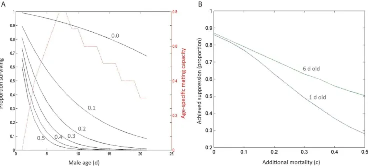 Figure 6. The female population size (left panel) during simulation runs where sterile males are released at weekly intervals starting at day 100 when the female death rate is affected by male harassment (right panel) according to different values of param