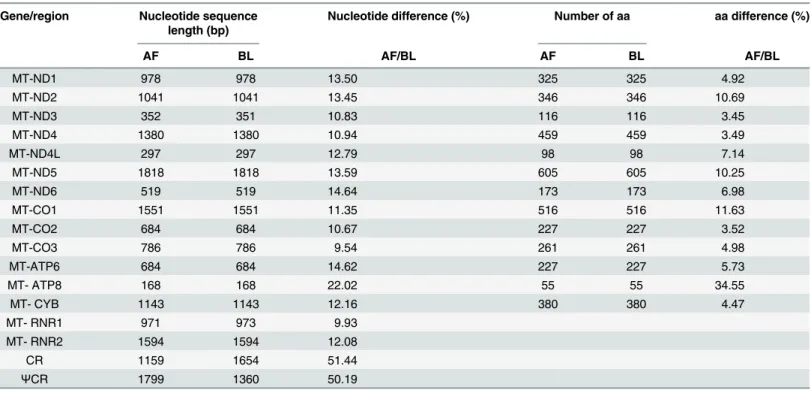 Table 2. Differences in mitochondrial nucleotides and predicted amino acids sequences between Aquila fasciata (AF) and Buteo lagopus (BL).
