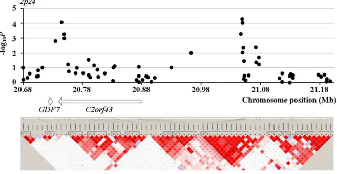 Figure 2. LD maps of the tested SNPs and association test results for the loci around rs12653946 in Phase II.