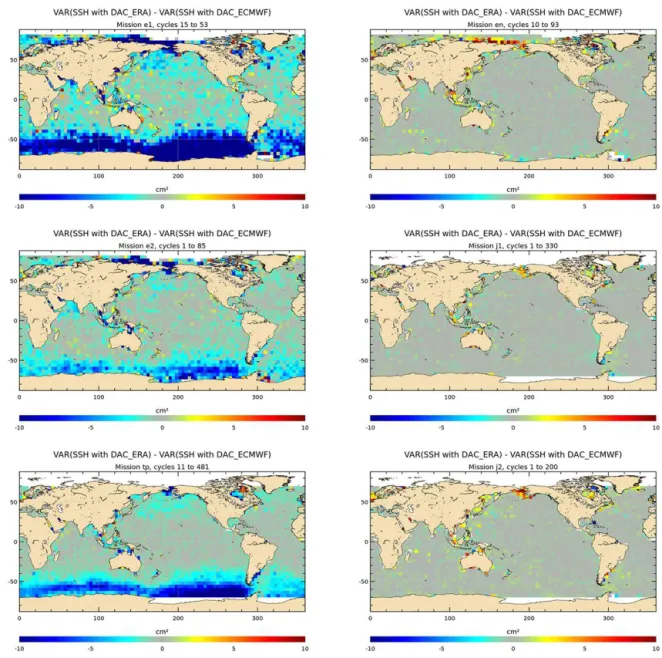 Figure 8. Maps of SSH variance differences at crossovers successively using the ERA-Interim and reference DAC solutions in the SSH calculation for ERS-1, ERS-2, and TP (on the left), and for Envisat, J1, and J2 (on the right) (cm 2 ).