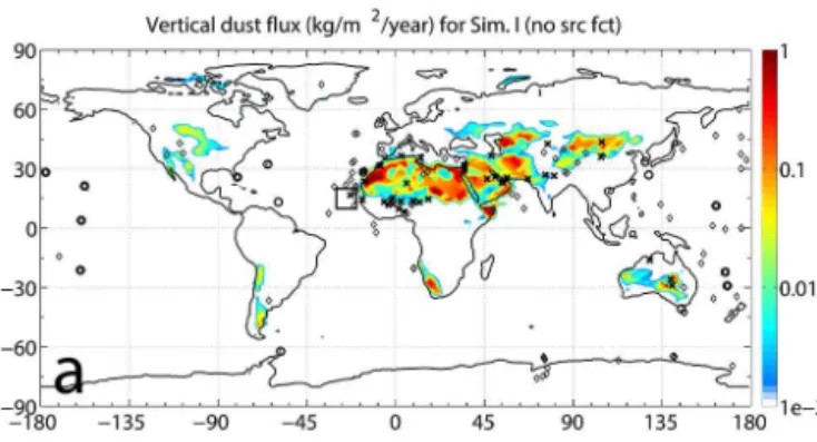 Figure 3. Global maps of (a) the simulated vertical dust flux for simulation I and (b–d) the ratios of the dust flux in simulations II–IV to the flux in simulation I