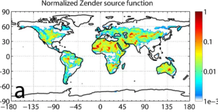 Figure 2. Global maps of (a) the Zender et al. (2003b) geomorphic source function used in simulation II, (b) the Ginoux et al