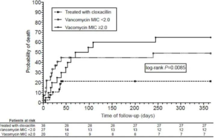 Fig 3. One-year survival analysis according to antibiotic therapy and vancomycin MIC. One-year survival analysis of 85 patients with coagulase-negative staphylococci infective endocarditis according to the treatment received and vancomycin minimum inhibito