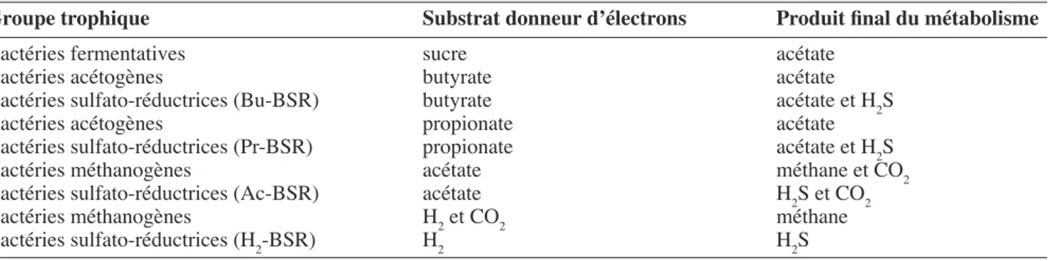 tableau 2. Groupes trophiques principaux intervenant en digestion anaérobie — Main trophic groups involved in anaerobic  digestion (Kalyuzhnyi et al., 1998b)