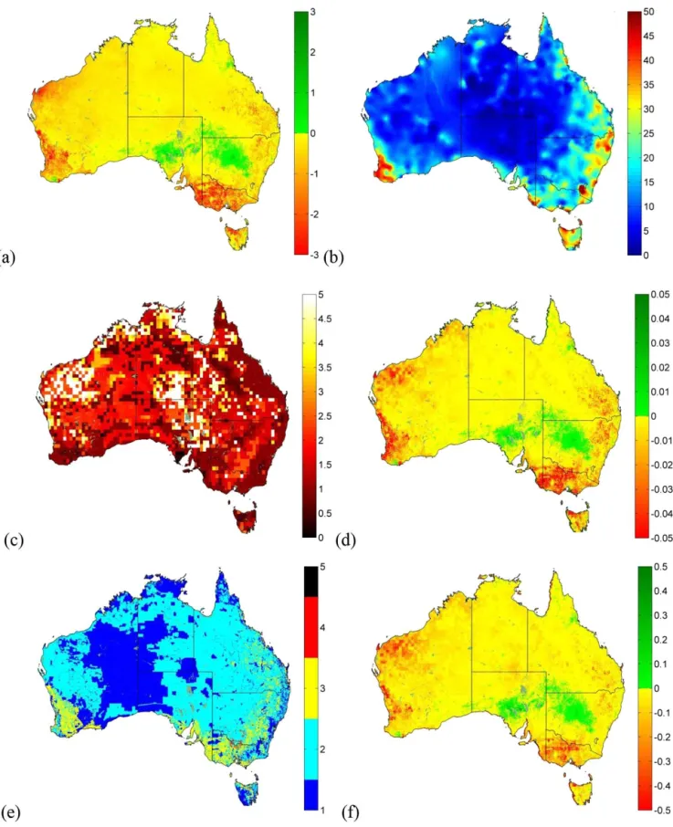 Figure 2. Maps for Australia showing (a) 137 Cs-derived median net (1950s–1990) soil redistribution (t soil ha −1 yr −1 )