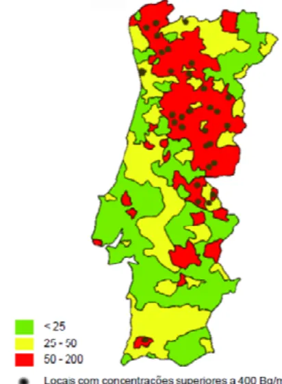 Figura 6 - Cartografia das concentrações médias de radão em Portugal Continental (ITN, 2005) 