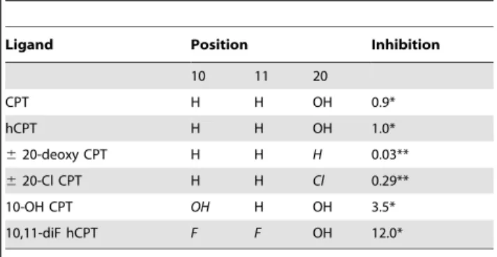 Table 1. Relative in vitro inhibition of Top1 by CPT, hCPT, and derivatives.
