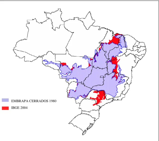 Figura 2-1 - Cerrado: localização, área definida pela EMBRAPA (1980) e o IBGE (2004) 