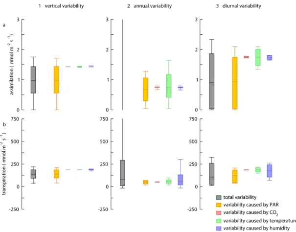 Figure 10. Explanation of variability of simulated (a) CO 2 assimilation and (b) transpiration for (1) vertical variability (n = 25), (2) annual variability (n = 277) and (3) diurnal variability (n = 48)