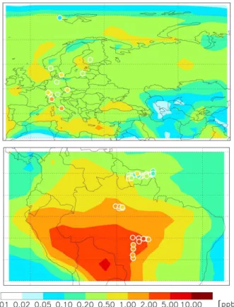 Fig. 8. Acetaldehyde in the boundary layer (P &gt;800 hPa) over Eu- rope and South America