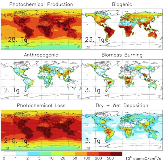 Fig. 1. Annual average sources and sinks of acetaldehyde in GEOS-Chem. Shown are photochemical production, biogenic emis- emis-sions from live and decaying plants, anthropogenic emisemis-sions (urban/industrial + biofuel), biomass burning emisemis-sions, p