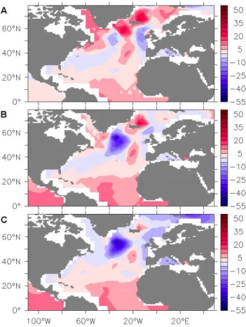 Fig. 8. (A) AMOC maximum, and (B) sea-level anomaly at the North American coast (zero global mean)