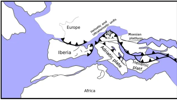 Figure 2 Palaeogeographic reconstruction of the Penninic realm (redrawn, simplified and modified from Schettino &amp; Turco, 2011)