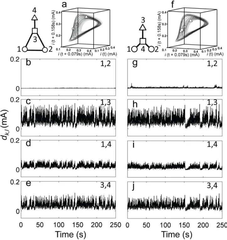 Figure  6.    Cluster  dynamics  of  chaotic  oscillators.    Left  panels  (1–1,2):  three  cluster  dynamics  in  an  extended  triangle configuration  with  four  oscillators