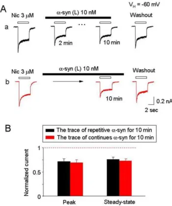 Figure 6. a-Synuclein is not an open-channel blocker to ha4b2- ha4b2-nAChR. A. Representative ha4b2-nAChR mediated whole-cell currents induced by repetitive applications nicotine (4 sec exposure at an interval of 2 min)