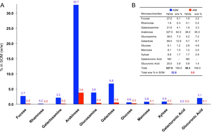 Figure 3. Quantification of neutral, aminated and acidic monosaccharides in the ASM (blue) and in the AIM (red) of A
