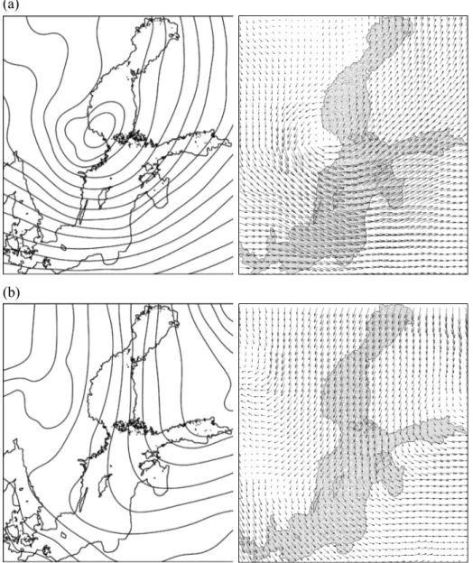 Fig. 2. Weather maps from the  Estonian Meteorological and  Hydrological Institute showing  air-pressure isolines (left panels)  and the corresponding wind  field restored from the  geo-strophic wind database: (a) at  03:00 GMT, 7 November 1996; 