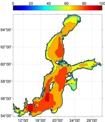 Fig. 9. Numerically simulated average significant wave height  (colour bar, cm; isolines plotted after each 10 cm) in the Baltic  Sea in 1970–2007