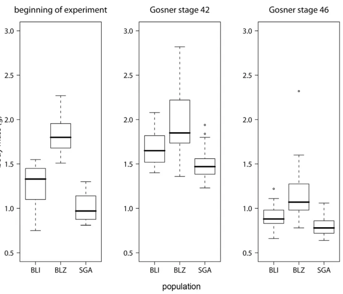 Figure 1. Differences in body mass between populations. Boxplots showing body mass of the different populations at the beginning of the experiment, at the start of metamorphosis (Gosner stage 42) and at the end of metamorphosis (Gosner stage 46)