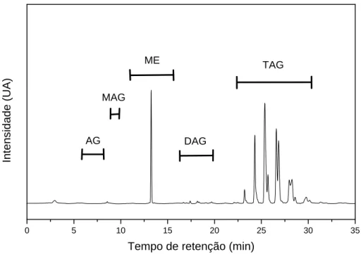 Figura  7.  Cromatograma  típico  obtido  para  as  reações  de  transesterificação  de óleos vegetais com metanol