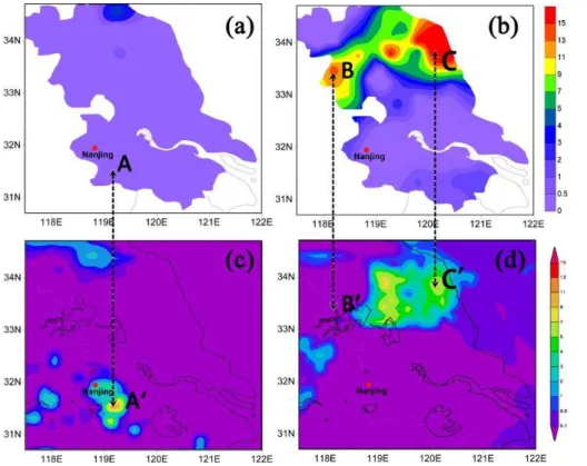 Fig. 7. A comparison of observed and WRF simulated amounts of precipitation. (a and b) Observed 6 h total rainfall in Jiangsu Province for the period of 12:00–17:00 LT on 10 June and 00:00–05:00 LT on 11 June 2012, respectively
