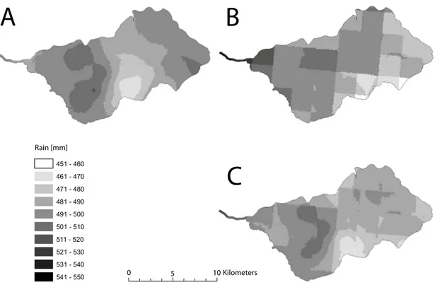 Fig. 4. Spatial distribution of total rainfall from March to October 2004 as derived by (A) ordinary kriging (mean value 492 mm), (B) operational available radar (mean value 490 mm) and (C) ordinary colocated cokriging (mean value 487 mm).