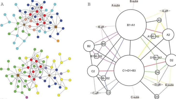 Figure 4 shows three examples of GCNs. In the GCN of PFK (top), the tertiary nodes have annexed most of the smaller quaternary nodes in the system: the small rigid bodies A3, B4, C3, and D4 and the flexible segment 156–162 in each subunit