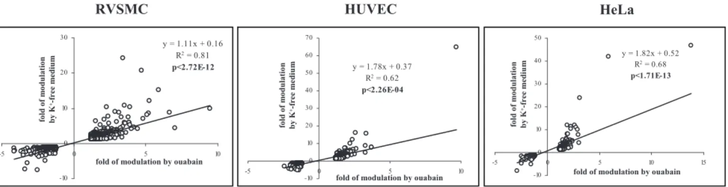 Figure 5. Verification of microarray results by quantitative RT-PCR. Gene expression was quantified for 3 hr incubation of control and Ca 2+ - -depleted HUVEC in the presence of 3 mM ouabain or in K + -free medium