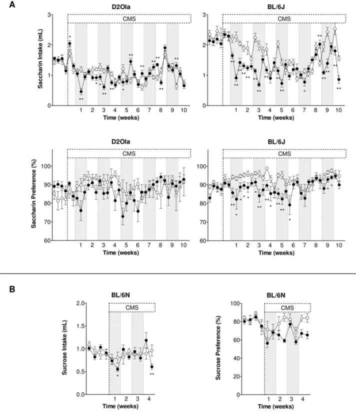 Figure 1. CMS effects on palatable liquid consumption per 2 hrs in D2Ola, BL/6J and BL/6N mice