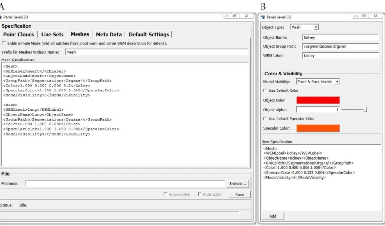 Figure 2 Panels (Windows) of the SaveU3D module. (A) Main panel of the U3D module where the object specifications are entered