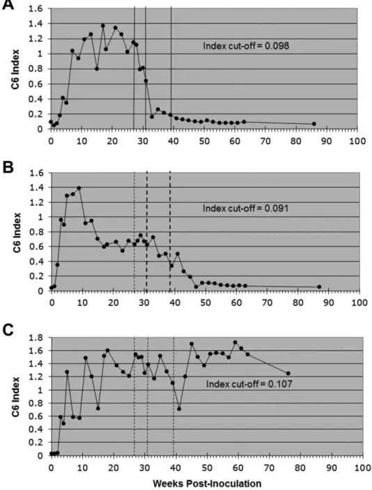 Figure 2. Patterns of antibody response to the C6 peptide in infected animals. The C6 index measured as a function of time PI with B.