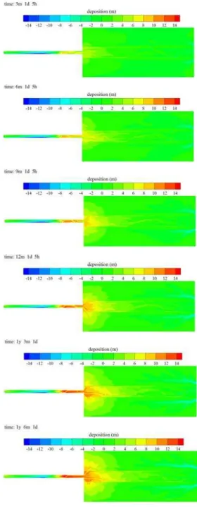 Fig. 11. Sediment depositions (left) and flow  velocity fields (right) at entrance of plain river