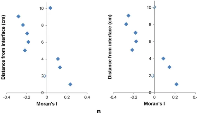 Fig 6. Significant Moran correlograms. (A) VLP 1 and (B) VLP 2 at the sediment-water interface
