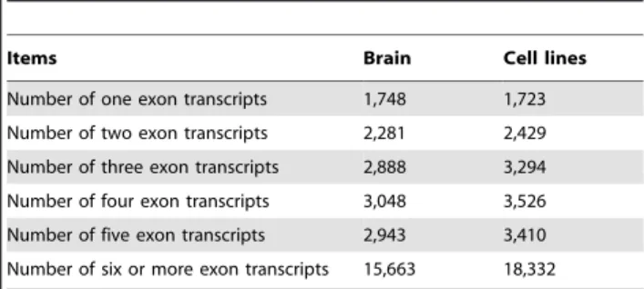 Table 1. Exon number of brain and cell line transcripts.