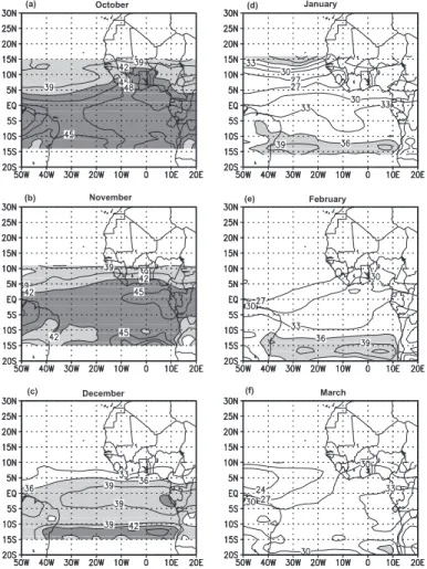 Fig. 1. The spatial distribution of TOMS tropospheric column ozone values (Dobson unit) during (a) October through (f) March averaged from 1979 to 1992.