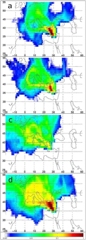 Fig. 6. Percentage contribution of geographical regions after 10- 10-days FLEXPART backward simulation for the 5 low ozone cases and for the 0–2 km air parcels arriving at Rhodes