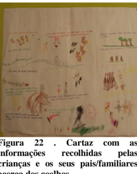 Figura  21.  Elaboração  do  cartaz com  as  informações  recolhidas  pelas  crianças  e  os  seus  pais/familiares acerca dos coelhos.