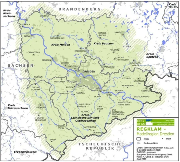Fig. 1. The Dresden region as defined in the REGKLAM project network. The region is an approximation of the planning region relevant to the KLIMAfit project network (source: Roessler et al., 2013, p