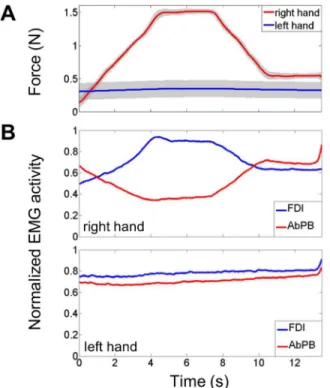 Figure 2A shows the grand average time-dependent plot of the grip forces exerted in the bimanual condition by the right hand (in red) and the left hand (in blue)
