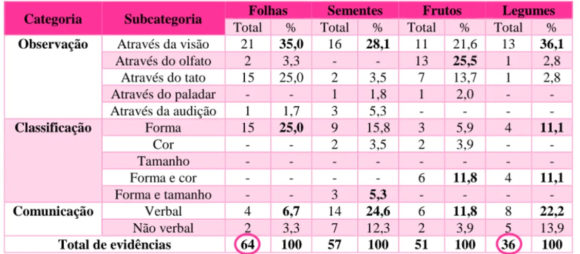 Tabela 7 - Evidências da Luana em cada uma das explorações 